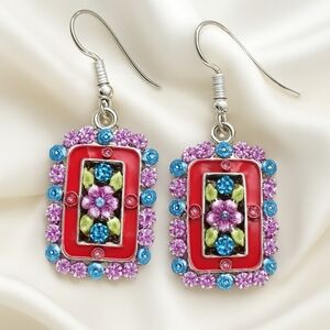 Red - Crystal Floral Drop Earrings – Silver-Tone Statement Jewelry 2-inch